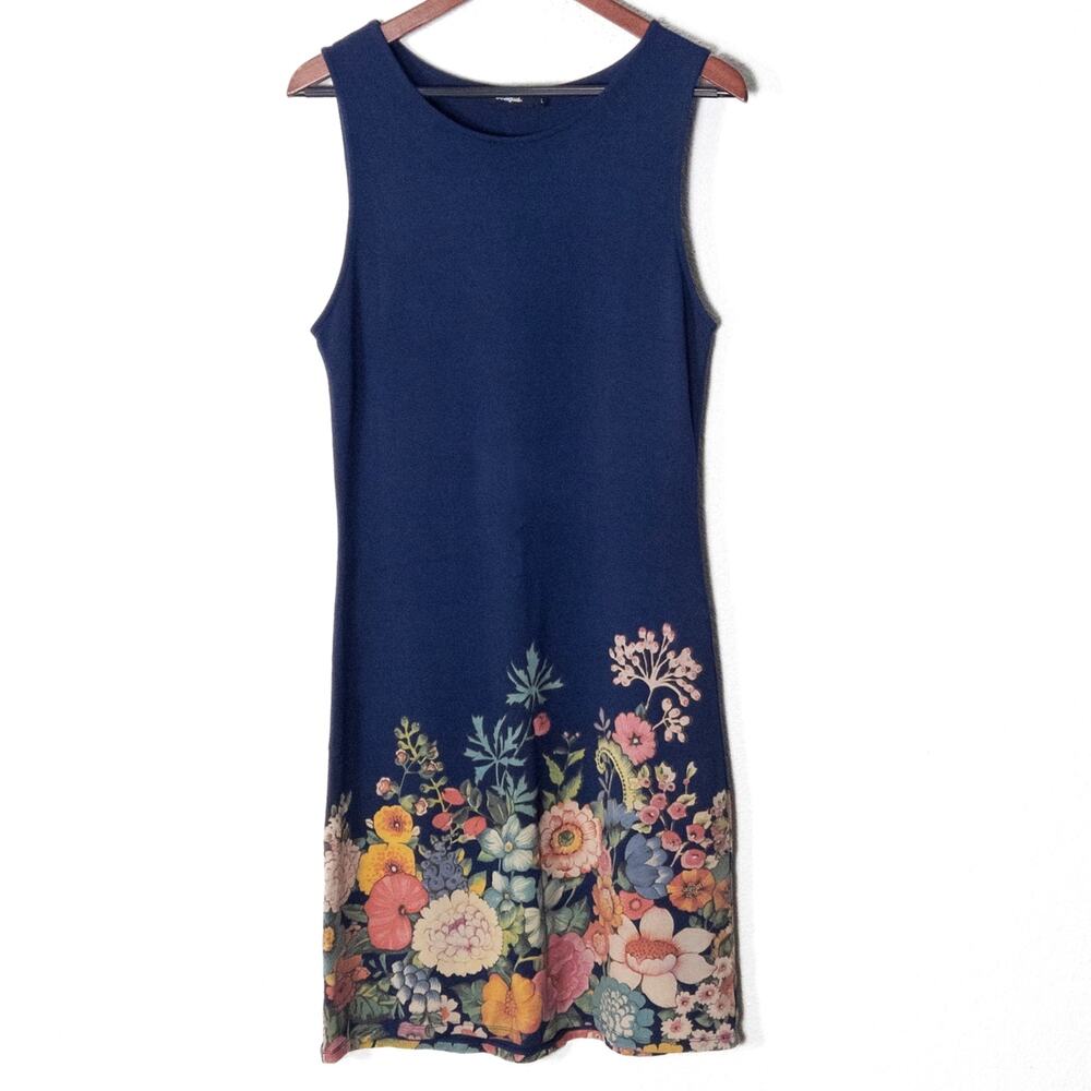 Desigual Sleeveless Shift Dress L Navy Boho Indie Romantic Whimsical Floral